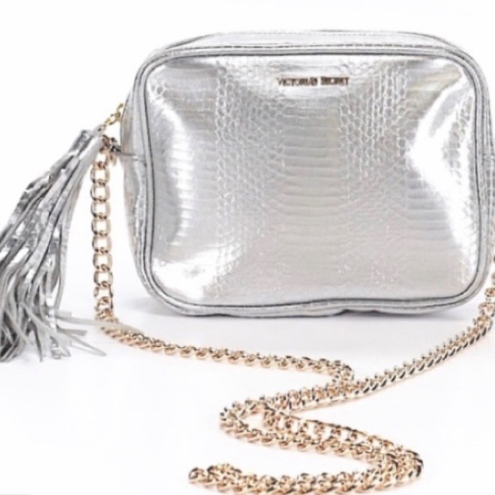 Victorias Secret Silver Faux Snakeskin Crossbody Bag Chain Shoulder Strap NWT